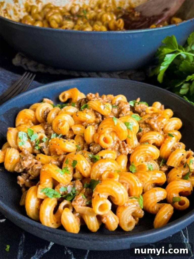 A close-up shot of homemade one-pot Hamburger Helper in a dark bowl, ready to be served.