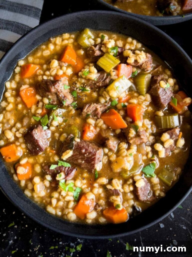 Beef barley soup in a dark bowl garnished with chopped parsley.