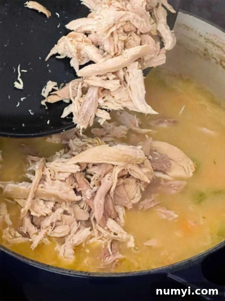 Adding cooked chicken to the chicken soup.