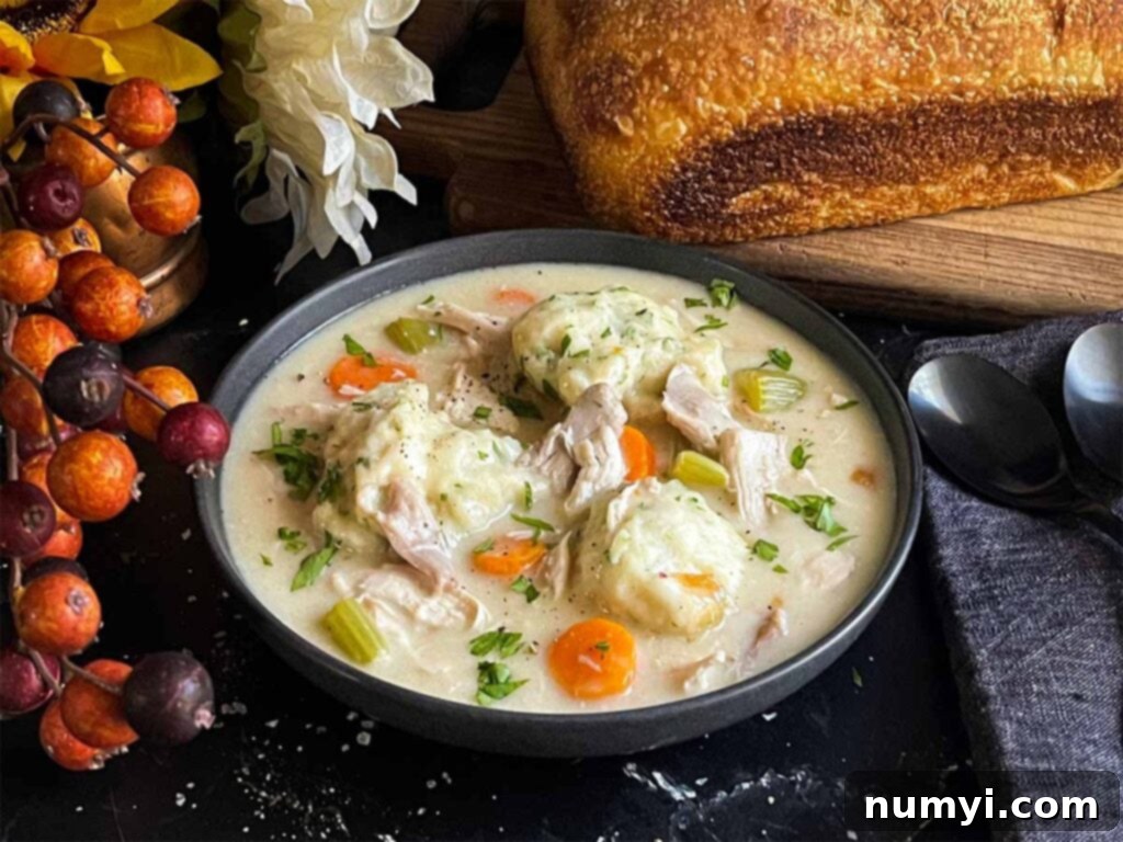A bowl of chicken and dumplings with a loaf of bread in the background.
