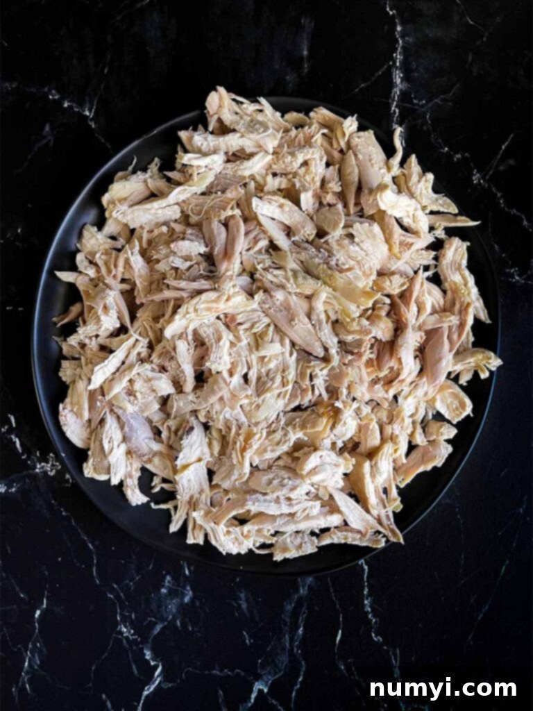Cooked, shredded chicken on a dark plate.