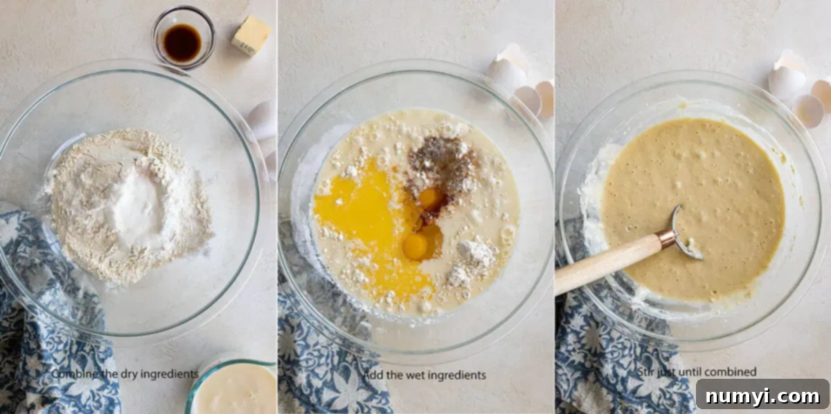 Effortless Fluffy Homemade Pancakes 3 A series of three sequential images demonstrating the steps of mixing pancake batter: first showing dry ingredients in a bowl, then wet ingredients being poured into the dry, and finally the combined batter with a few small lumps, ready for cooking.