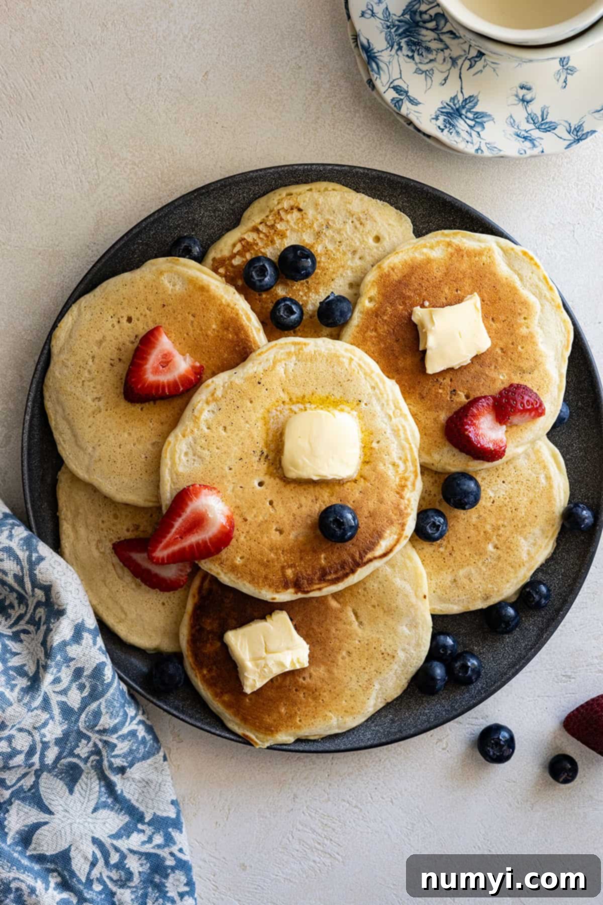Effortless Fluffy Homemade Pancakes 4 An overhead view of numerous golden-brown pancakes artfully arranged on a large serving platter, generously topped with melting pats of butter and an assortment of colorful fresh berries like blueberries, raspberries, and strawberries.