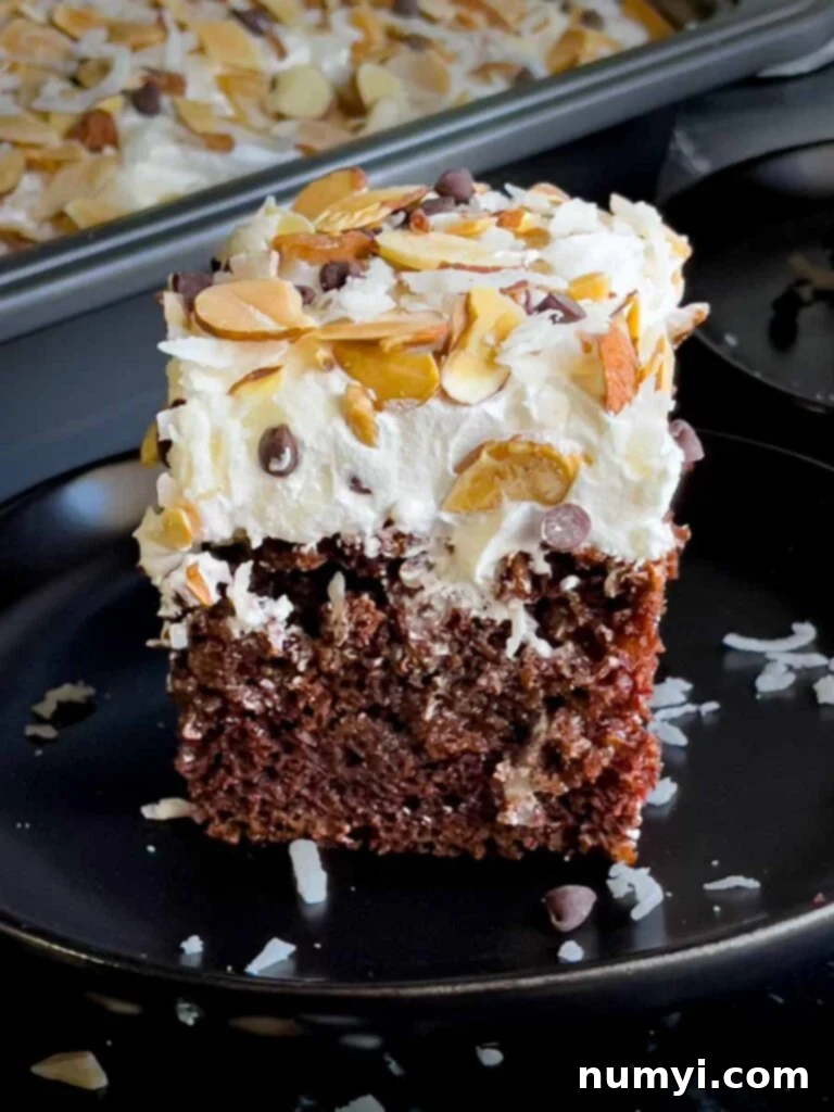 Slice of Almond Joy cake on a dark plate.