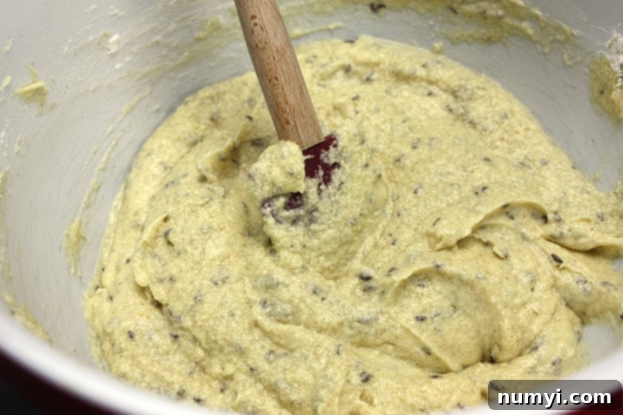 Instant Delight: Seed Cake for Spontaneous Gatherings 3 Seed Cake batter combined in a bowl, showing a smooth, light texture with visible caraway seeds.
