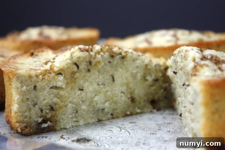 Instant Delight: Seed Cake for Spontaneous Gatherings 7 Closeup of a Seed Cake cut in half, revealing its tender crumb and evenly distributed caraway seeds.