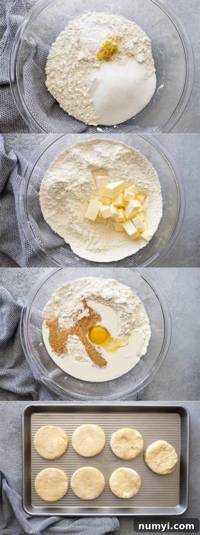 A step-by-step visual guide showing four stages of making sweet biscuits, from combining ingredients to cutting the dough into rounds.