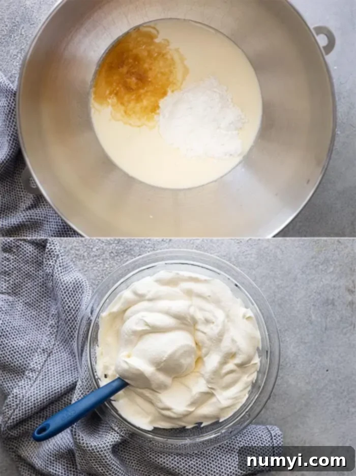 An overhead view of a bowl filled with freshly whipped, airy cream, ready to top a delicious dessert.
