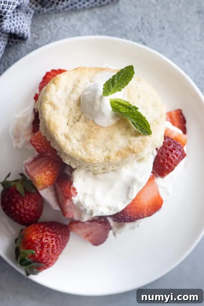 An overhead shot of a beautifully assembled Strawberry Shortcake, garnished with a sprig of fresh mint, on a white plate, ready to be enjoyed.
