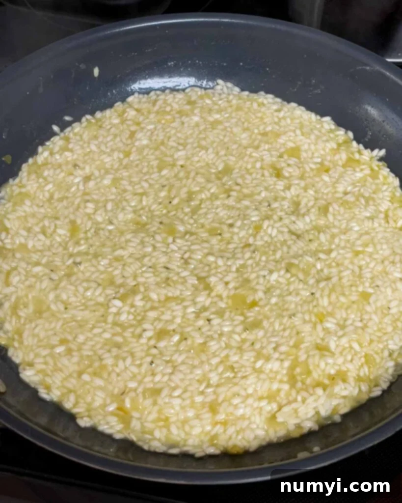 Velvety Mushroom Risotto 11 Risotto in a skillet, with a ladle of stock almost fully absorbed, ready for the next addition.