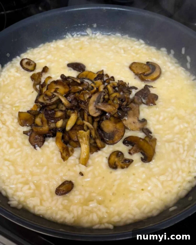Velvety Mushroom Risotto 16 About two-thirds of the caramelized mushrooms being added to the finished risotto in a skillet.