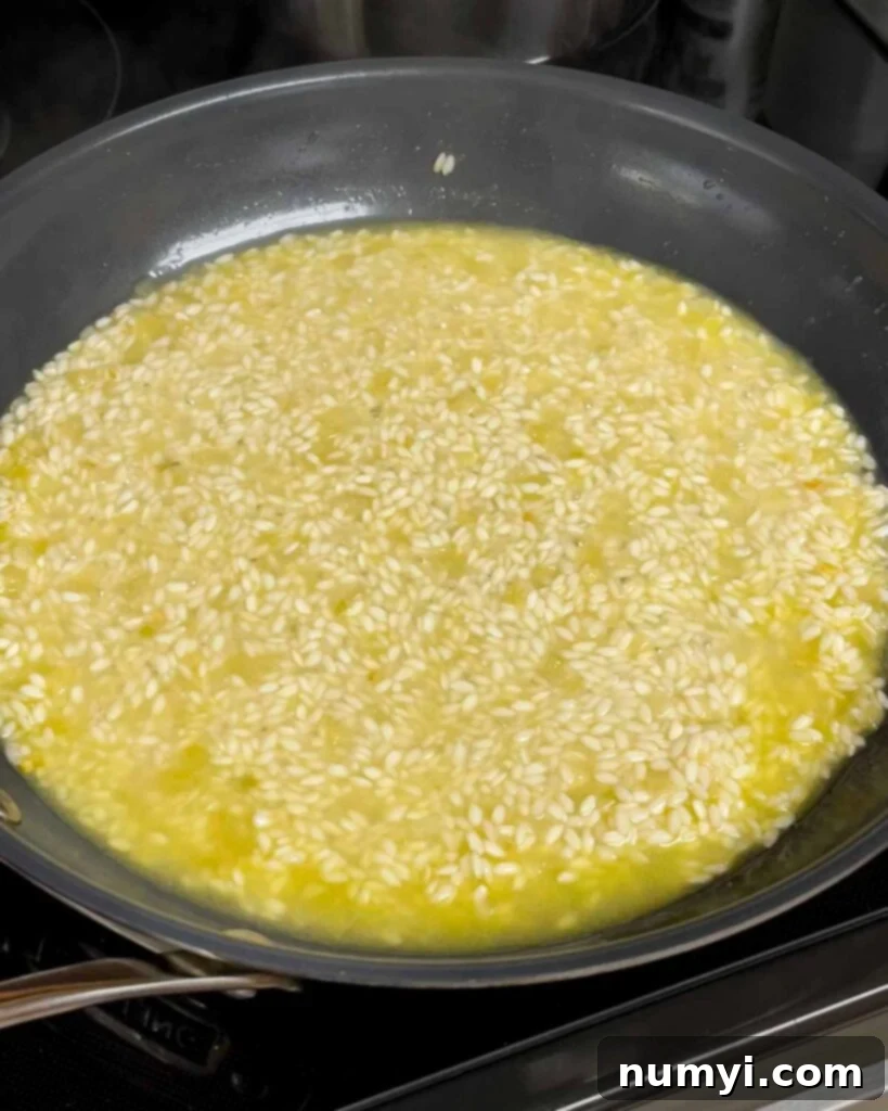Velvety Mushroom Risotto 10 Risotto with stock being absorbed, showing a creamy consistency after about one minute of stirring.