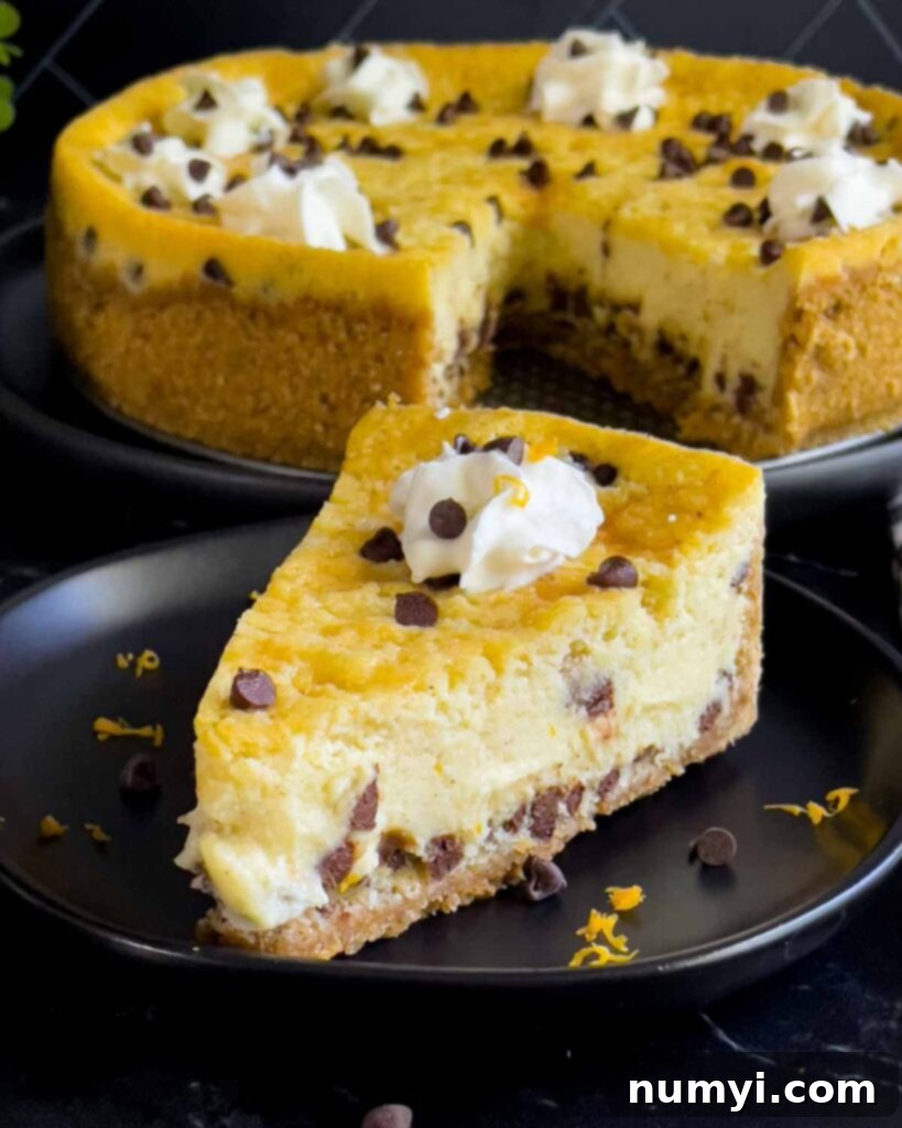 A beautifully presented slice of cannoli cheesecake on a dark plate, with the rest of the garnished cheesecake visible in the background.