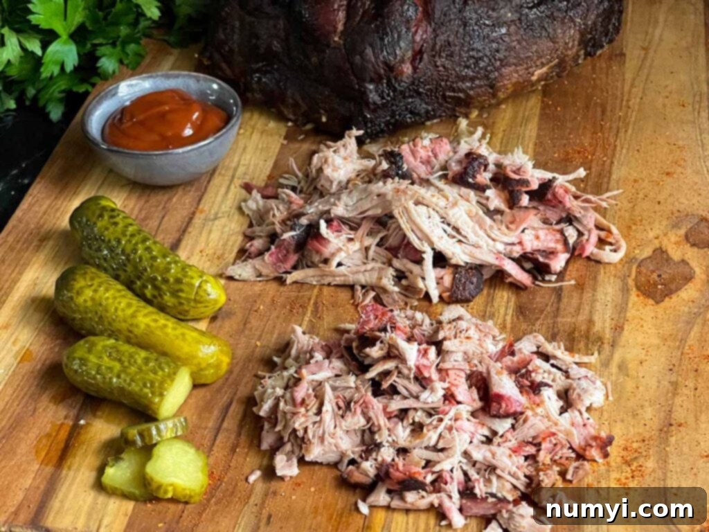 Chopped and shredded smoked pork butt on a cutting board with pickles and barbecue sauce.