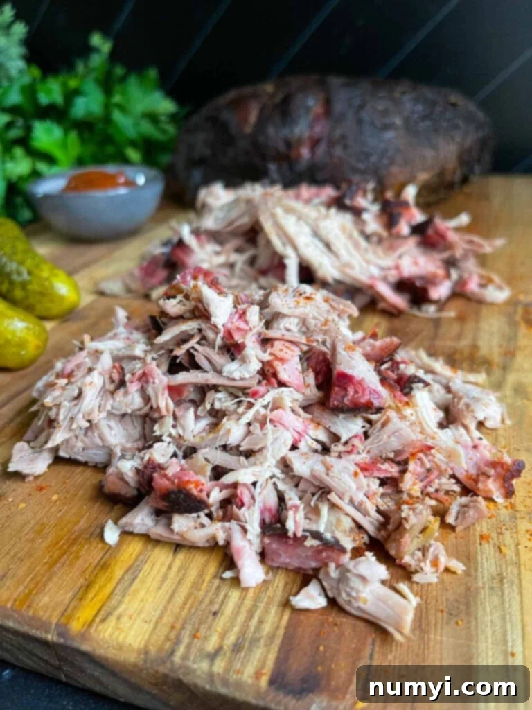 Chopped and shredded pork butt on a cutting board.