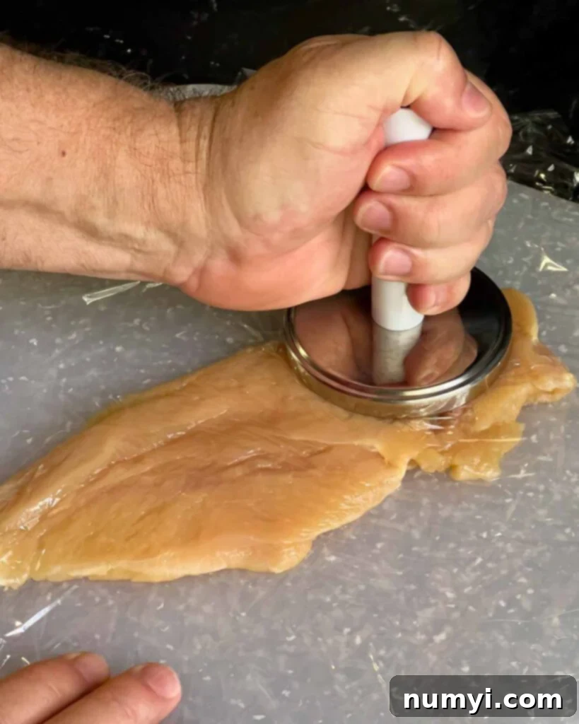 A chicken breast being pounded to an even thickness on a cutting board, covered with plastic wrap.