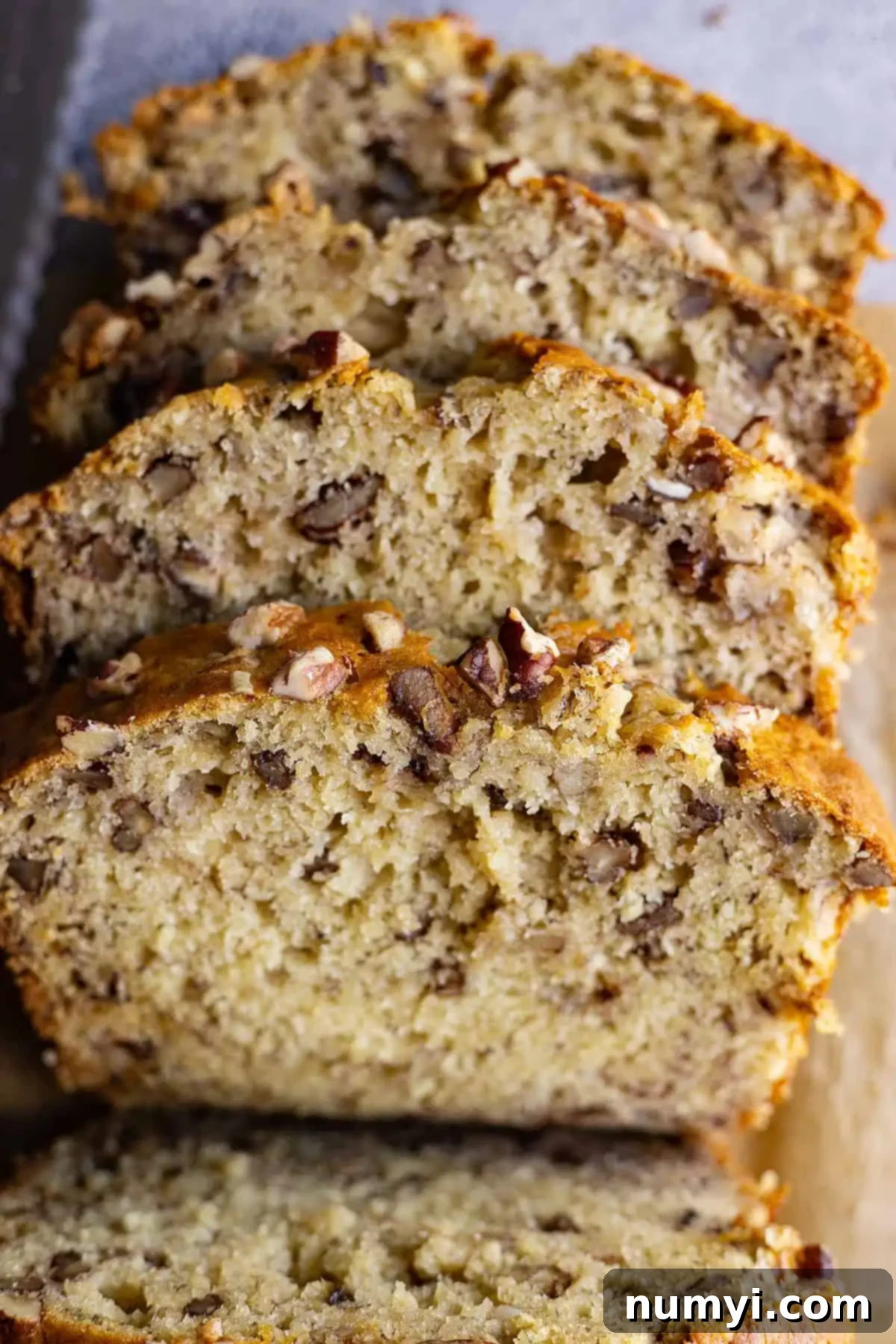 Ultimate Banana Nut Loaf 2 Close up of slices of banana nut bread to show the texture and nuts inside.
