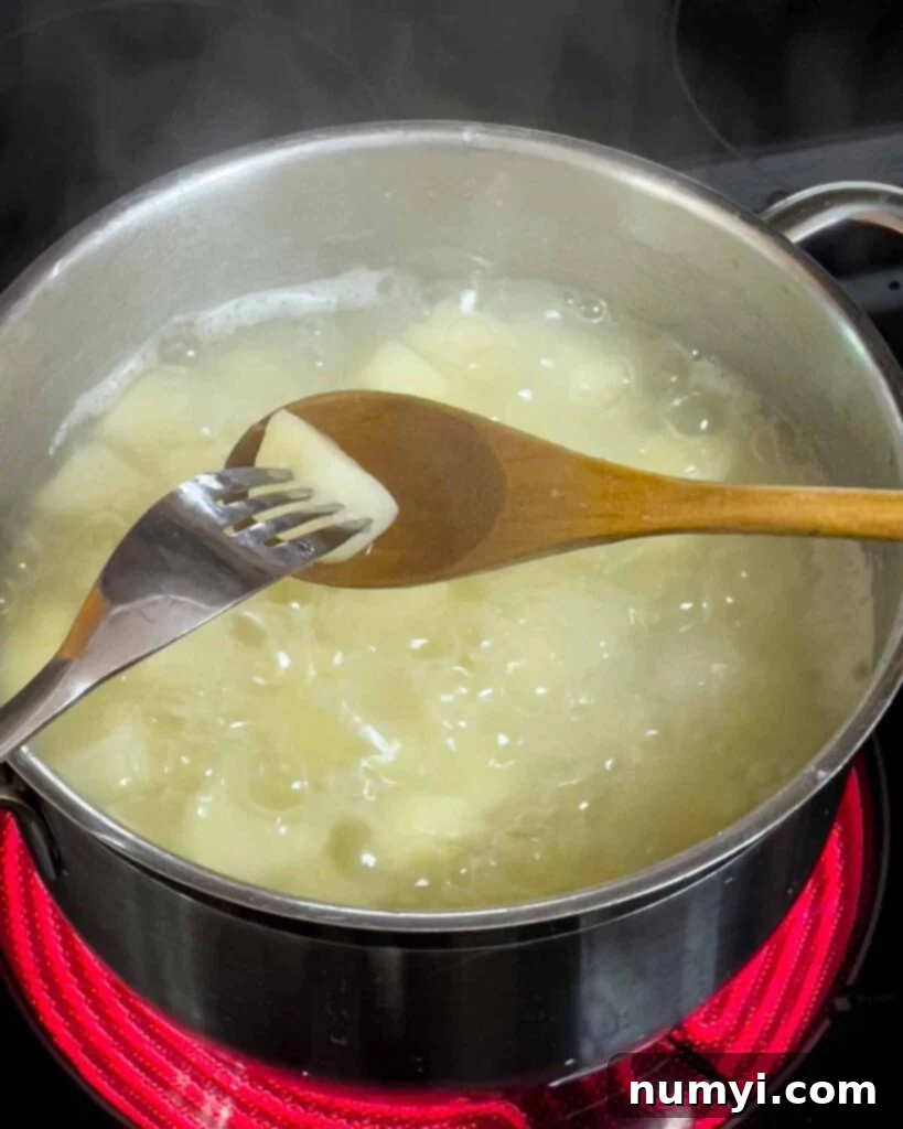 A fork is inserted into a boiled potato over the boiling pot, demonstrating fork-tenderness.