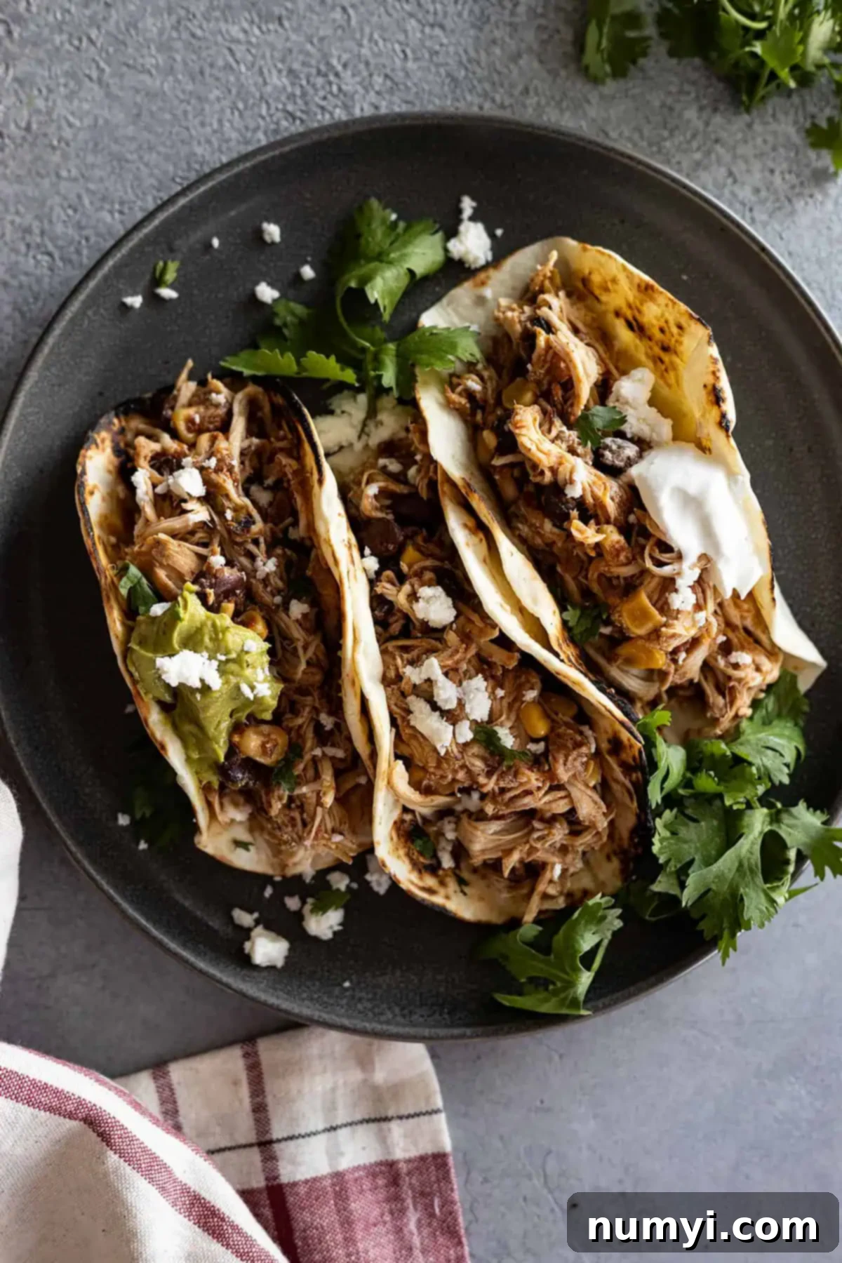 Zesty Slow Cooker Fiesta Chicken 2 Overhead picture of southwest chicken stuffed into toasted corn tortillas. Topped with sour cream, cheese, and cilantro.