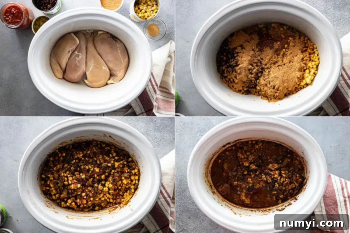 Zesty Slow Cooker Fiesta Chicken 4 Four pictures showing how to make the slow cooker southwest chicken and what it looks like when it's done.