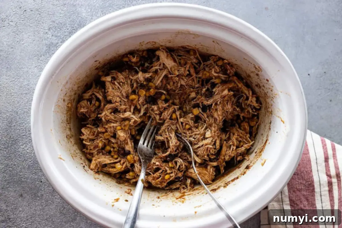 Zesty Slow Cooker Fiesta Chicken 5 Overhead picture of chicken shredded in the crockpot.