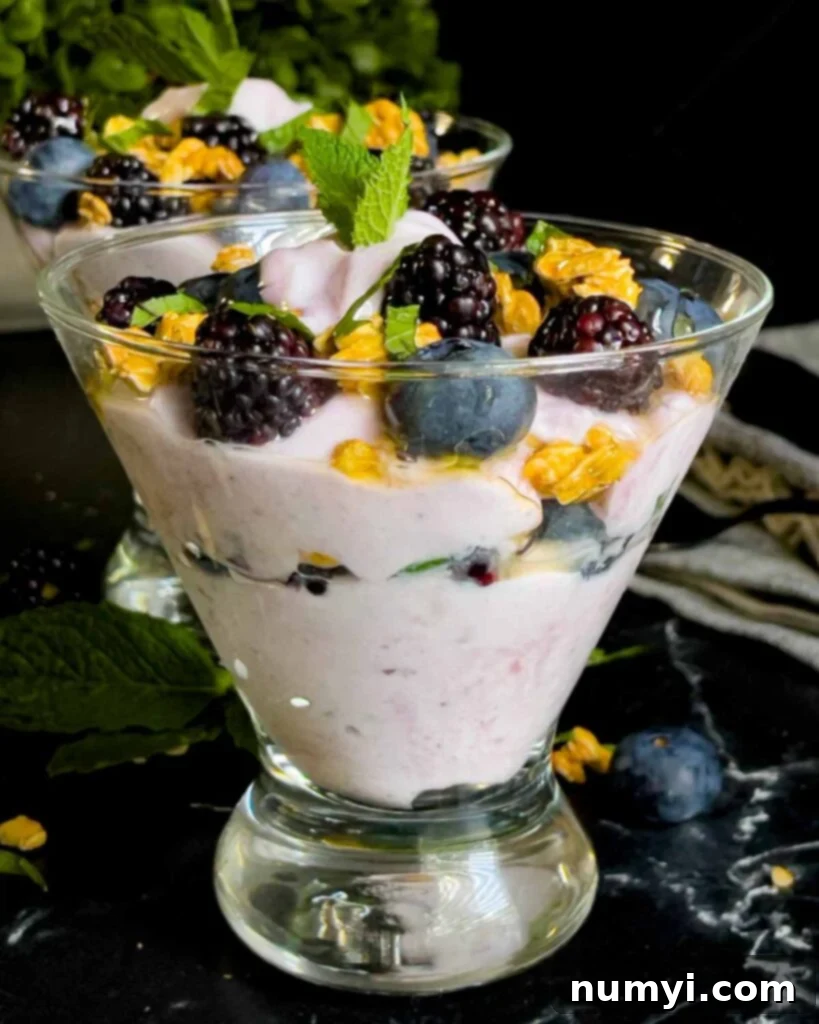 Refreshing Berry Yogurt Parfait 7 Berry yogurt parfait in a stemless martini glass on a dark surface.