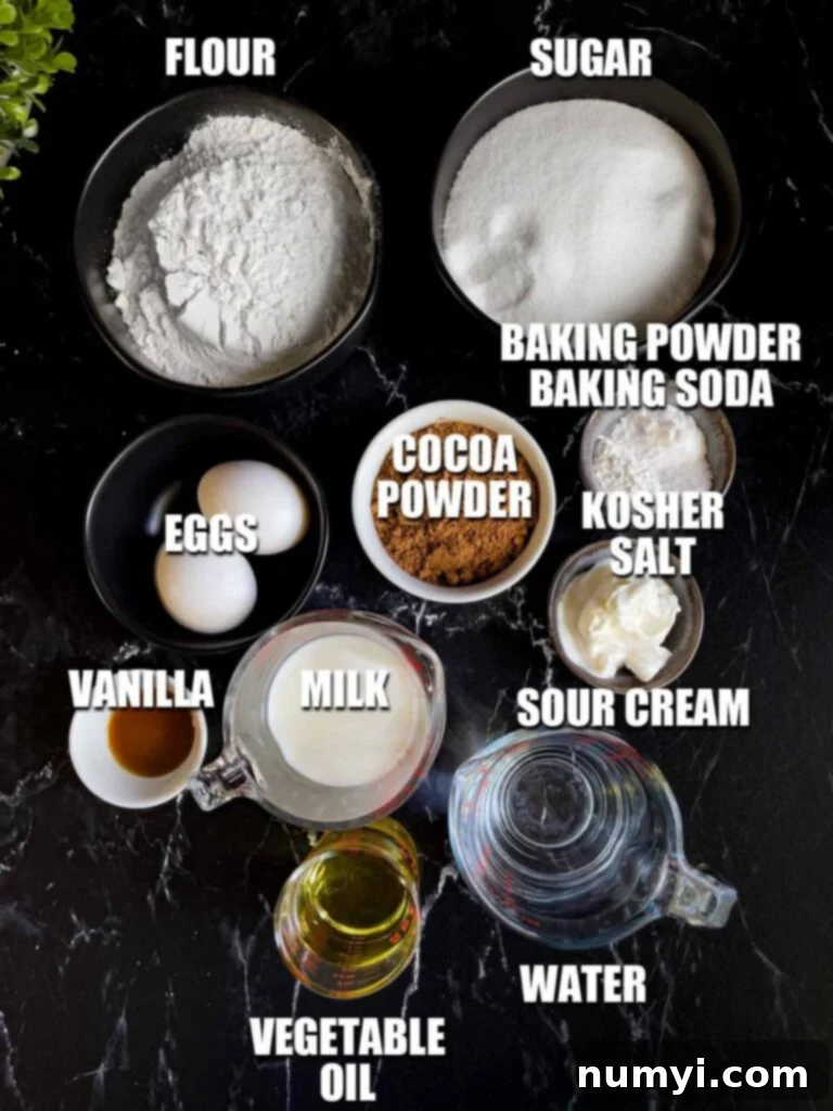 The Easiest Mississippi Mud Cake 3 Ingredients for Mississippi Mud Cake on a dark surface.