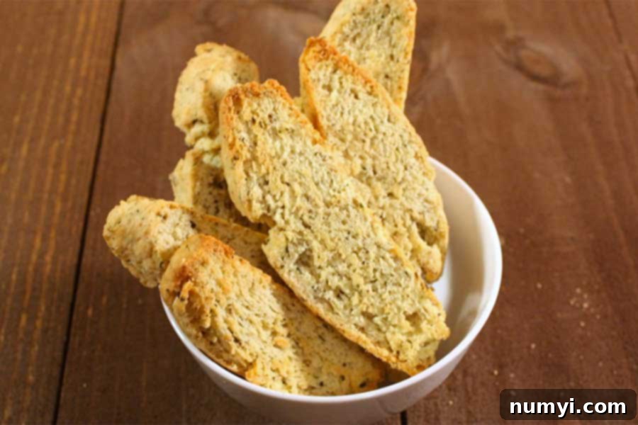 Close-up of golden brown savory herb and cheese biscotti ready to be served.