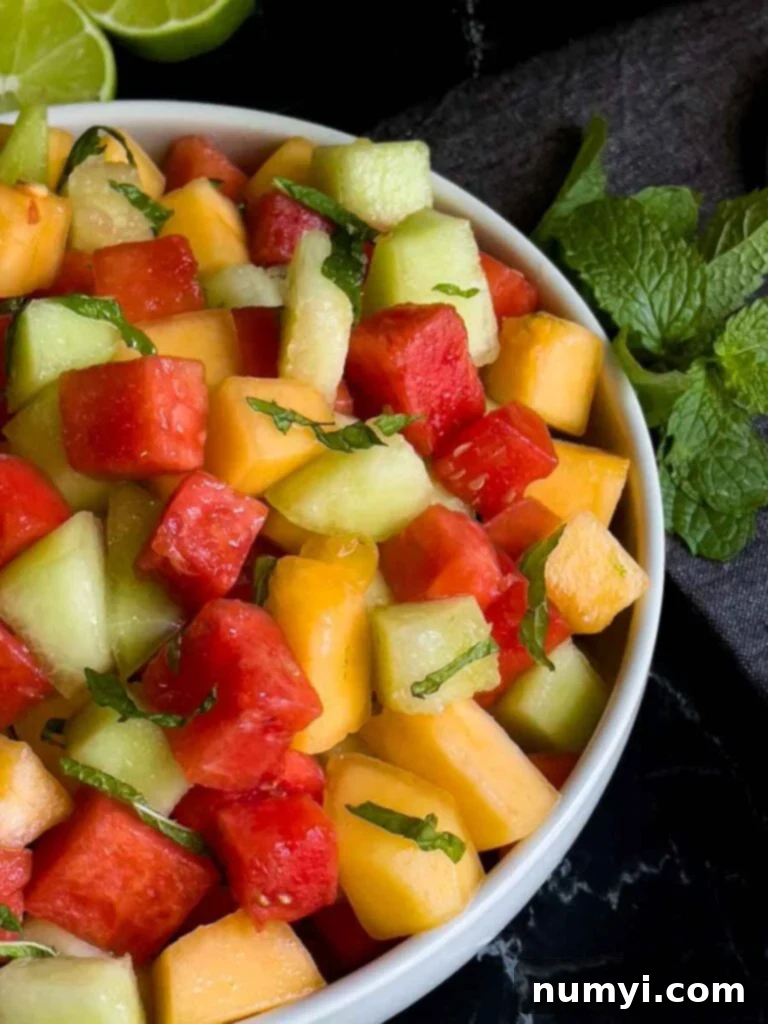 Mixed Melon Fruit Salad with Honey Lime and Mint 10 A beautifully presented mixed melon fruit salad in a pristine white bowl, set against a dark background, perfectly garnished for a refreshing summer treat.