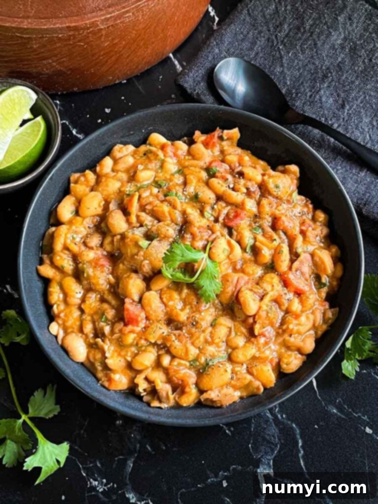 Borracha beans (drunken beans) in a dark bowl.