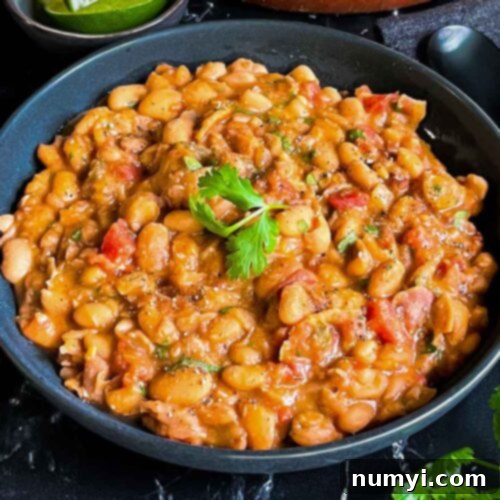 Beer-Braised Beans 14 Borracha beans (drunken beans) in a dark bowl.