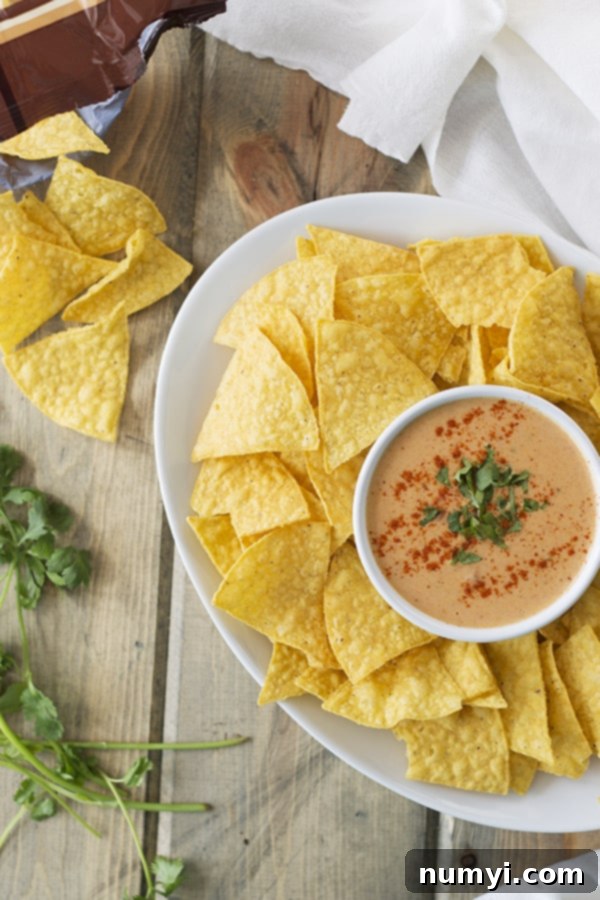 An overhead shot of crispy tortilla chips beautifully arranged around a rustic bowl of homemade chile con queso dip, resting on a white platter on a wooden surface.