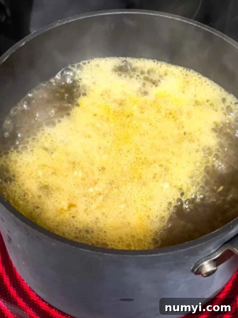 Chicken stock boiling on the stovetop.