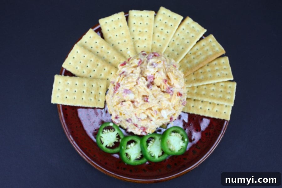 Rich homemade pimento cheese centered on a red plate, artfully arranged with an abundance of crispy crackers and thinly sliced jalapeños.