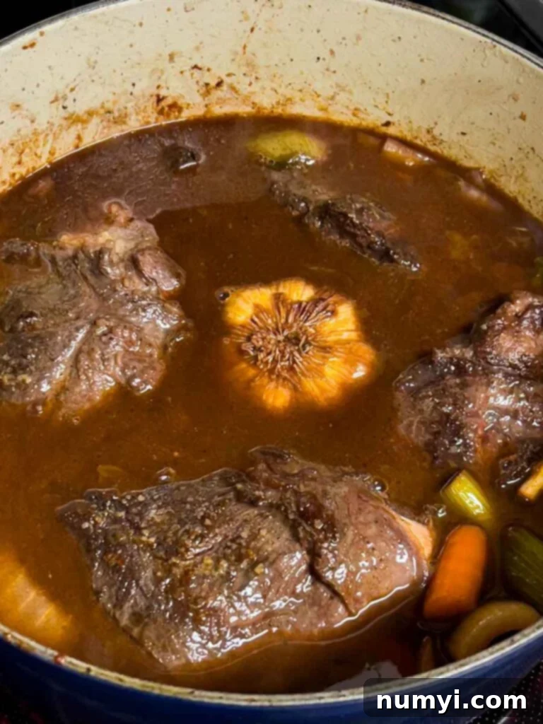 Seared beef cheeks nestled amongst sautéed vegetables, tomato paste, and red wine, ready for the braising liquid to be added.
