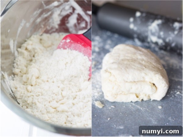 A visual guide showing the process of mixing galette dough and then folding it onto itself, demonstrating the technique for achieving a well-formed crust.