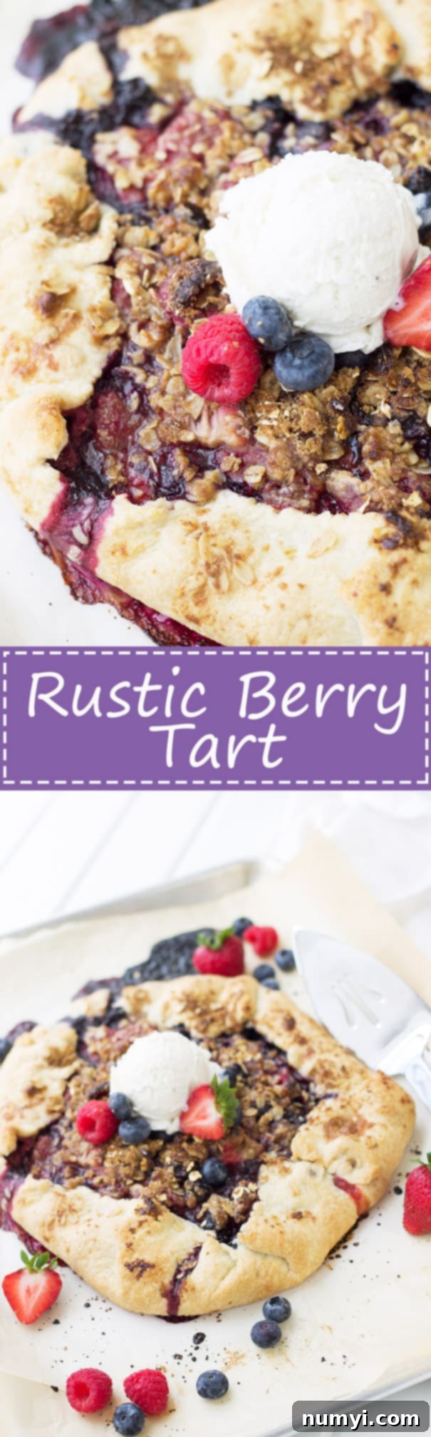 A collage of photos featuring the berry galette: one showing the whole galette on a baking sheet, and another showing a slice topped with vanilla ice cream, with text overlay for visual appeal.