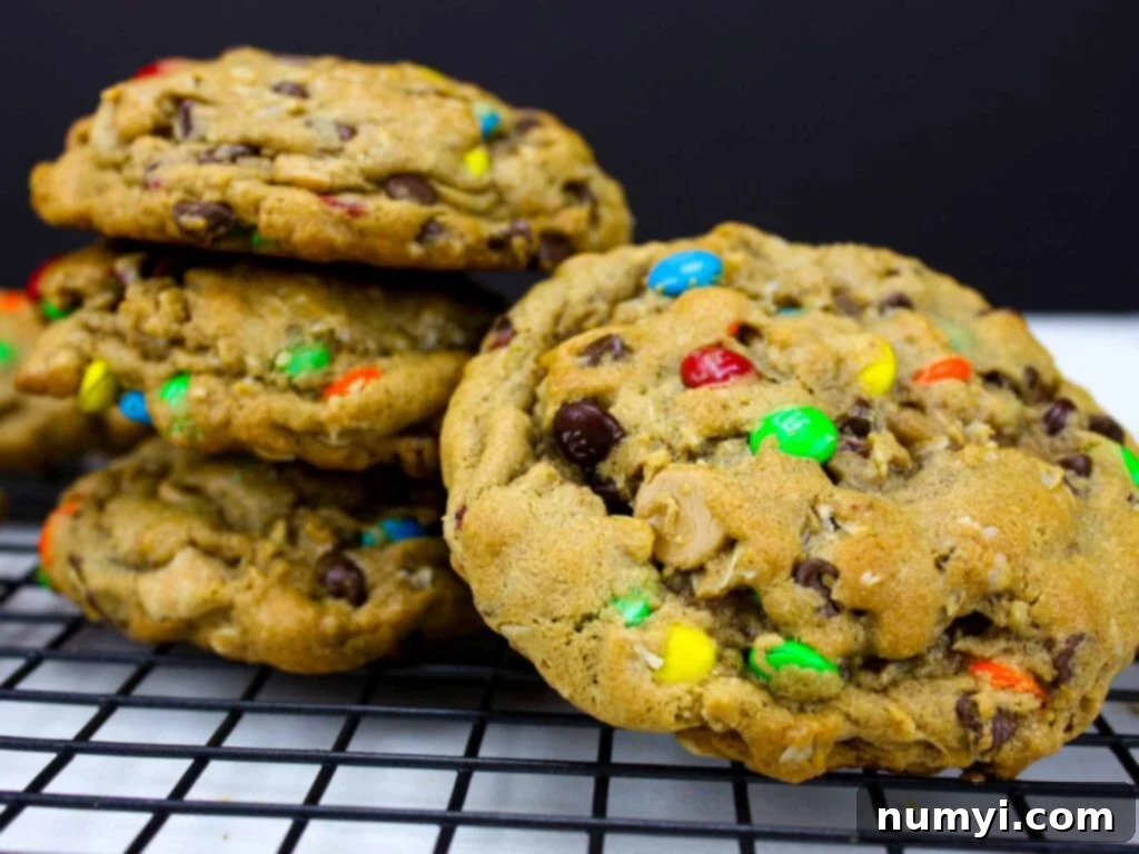 Freshly baked Monster cookies cooling on a wire rack.