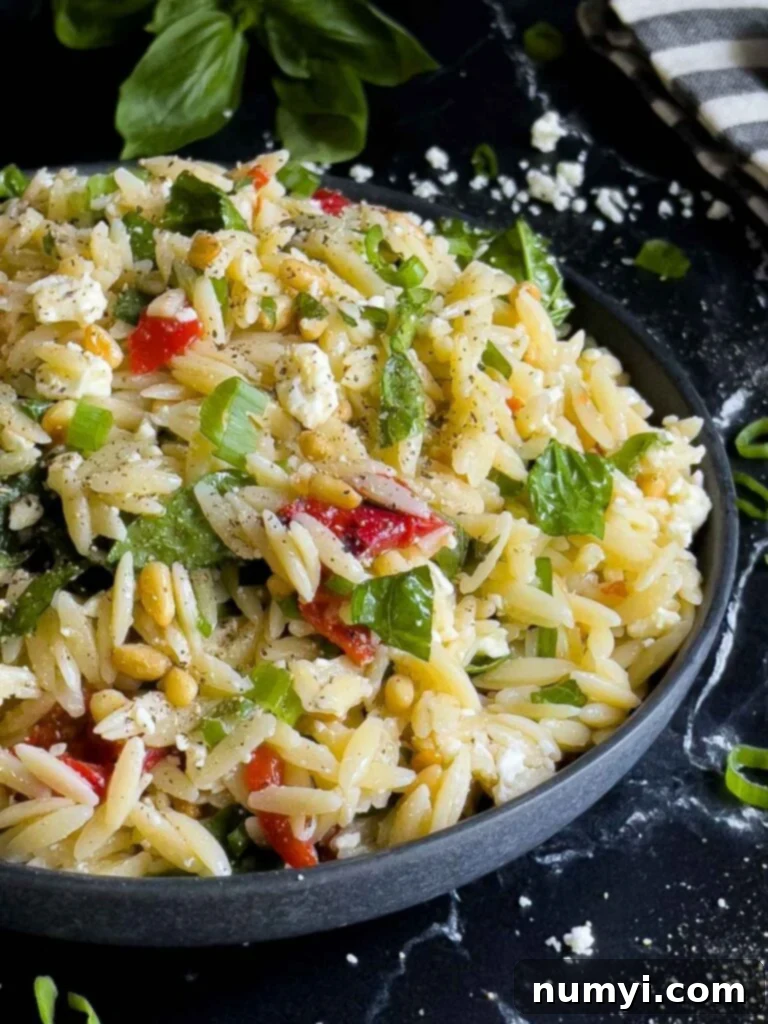 Mediterranean Spinach Feta Orzo 2 Spinach and Feta Orzo Salad in a dark bowl on a dark surface.