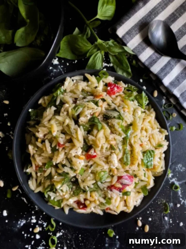 Mediterranean Spinach Feta Orzo 12 Spinach and Feta Orzo Salad in a dark bowl on a dark surface.