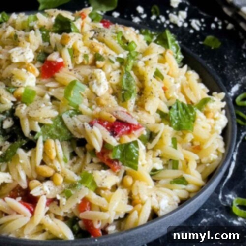 Mediterranean Spinach Feta Orzo 13 Spinach and Feta Orzo Salad in a dark bowl on a dark surface.