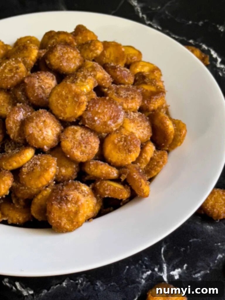 Oyster cracker churro snack mix in a light bowl on a dark surface.