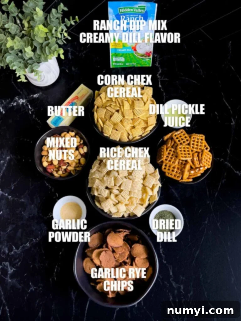 Tangy Dill Chex Crunch 3 Dill pickle Chex mix ingredients neatly arranged on a dark surface, ready for preparation.