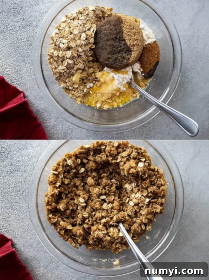 Two overhead photos demonstrating how to prepare the delicious streusel topping for zucchini coffee cake, showing ingredients combined.
