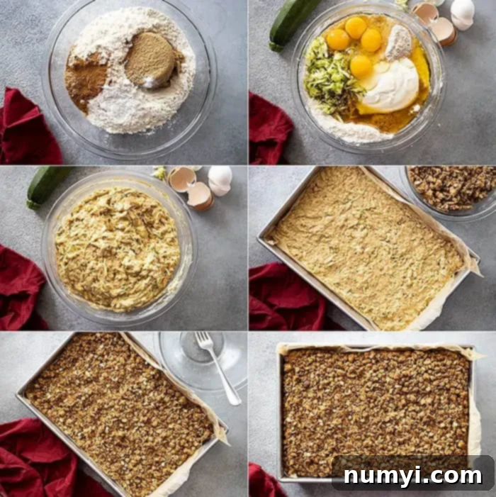A photo collage showing a step-by-step process of making this zucchini dessert, from mixing to baking and glazing.