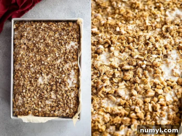 Two overhead photos: one showing the whole old-fashioned zucchini cake with crumb topping, and the other a close-up of the topping drizzled with sweet icing.