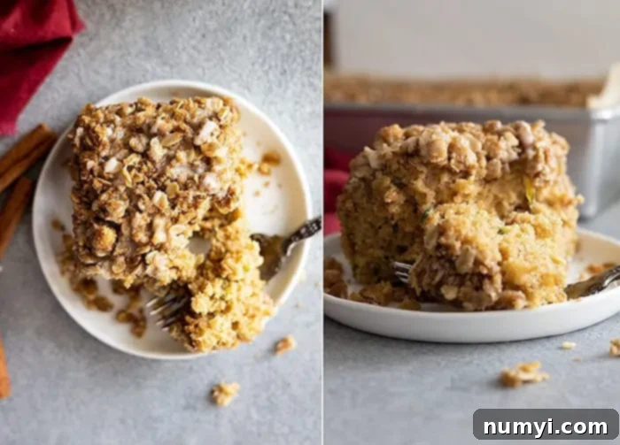 Two overhead photos: one showing a slice of zucchini cake with a bite taken out, revealing its moist crumb, and the other a straight-on view highlighting the tender texture.