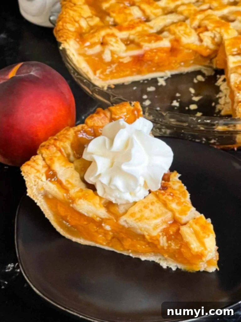 A perfect slice of Southern peach pie, topped with fluffy whipped cream, resting on a dark plate, highlighting the rich fruit filling and crispy crust.