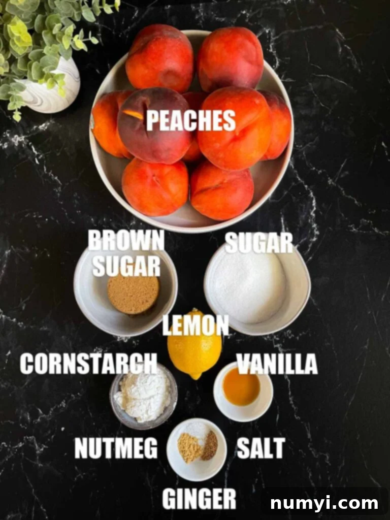 Various fresh peach pie ingredients, including whole peaches, sliced peaches, sugar, and spices, arranged on a dark surface ready for preparation.