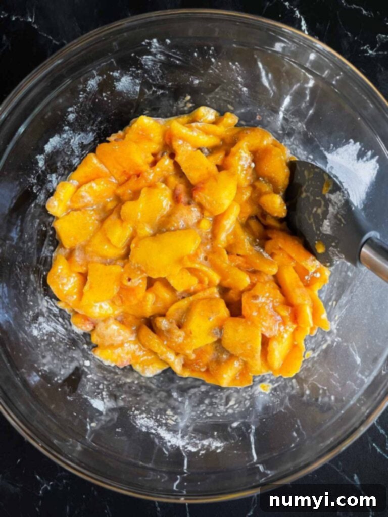 Drained peach slices evenly coated in a mixture of dry ingredients within a glass bowl.